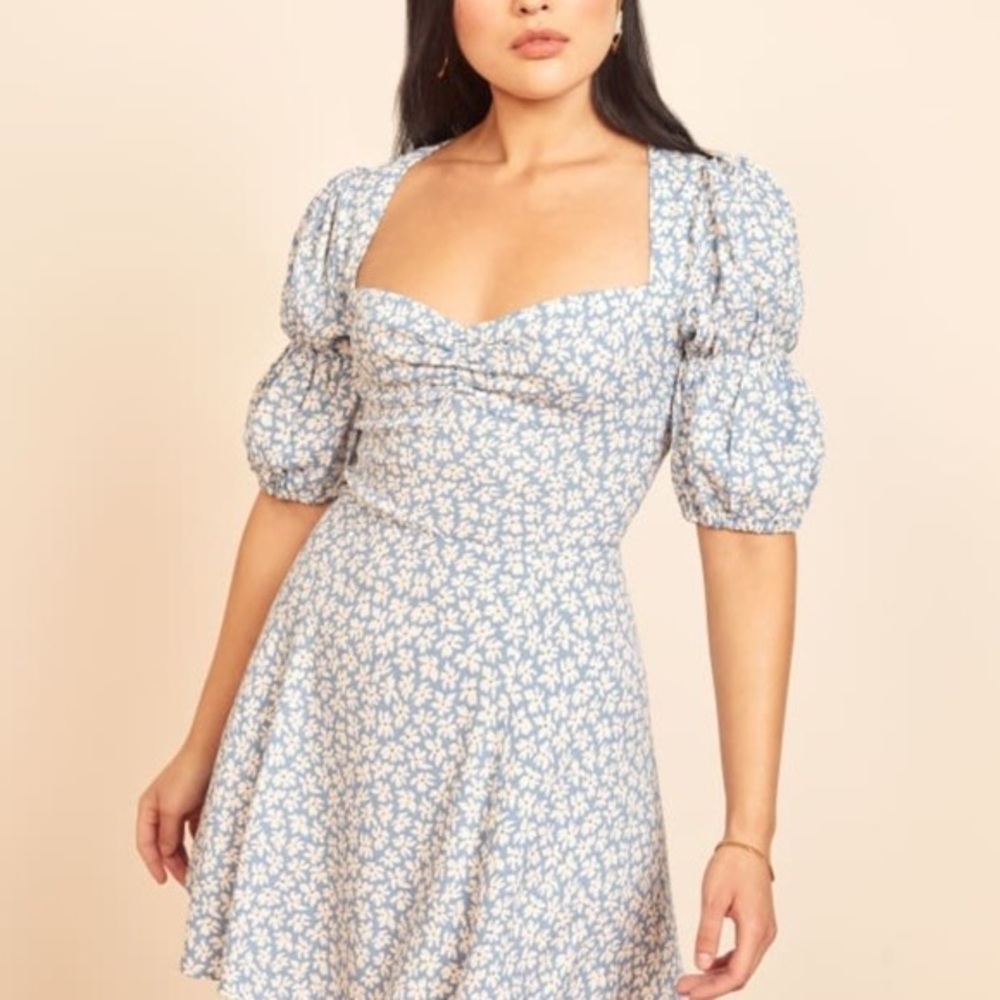 Reformation Light Blue and White Puff-Sleeve Square-Neck Mini Dress